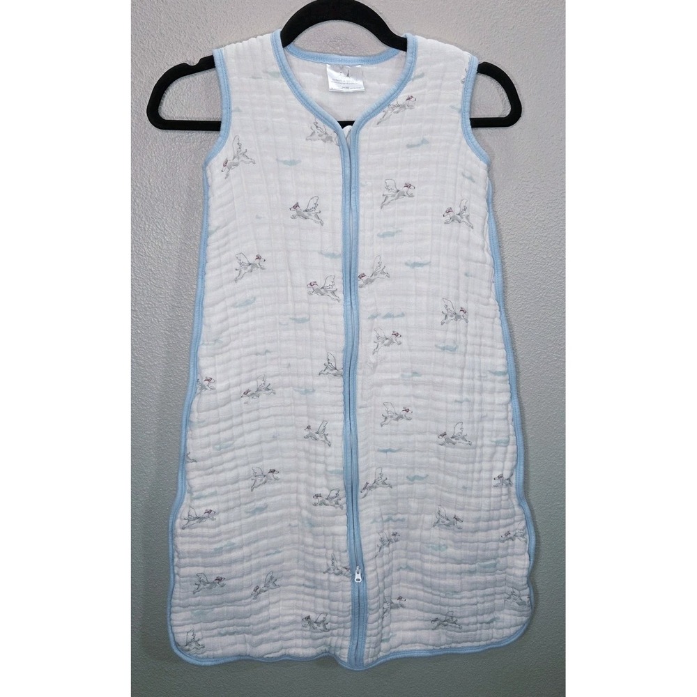 Aden + Anais Muslin Sleep Sack Flying Dog Print Blue Trim Size Large 6-18M